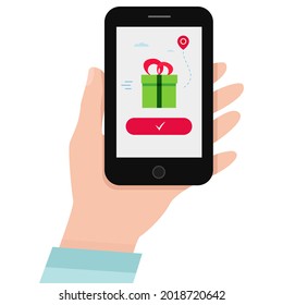 Mano sosteniendo el smartphone con caja de regalo en una pantalla. Ilustración del vector