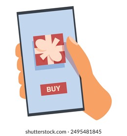 Hand holding smartphone with gift box on screen and pressing buy button