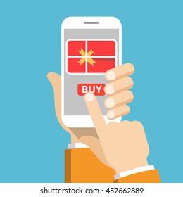 Hand holding smartphone with gift box on the screen. Finger touch the button. Vector flat illustration.