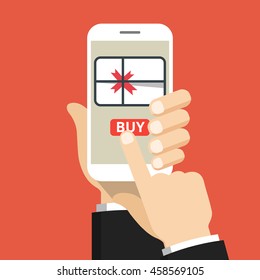Hand holding smartphone with gift box on the screen. Finger touch the button. Vector flat illustration.