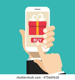 Hand holding smartphone with gift box on the screen. Finger touch the button. Vector flat illustration.