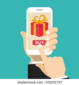 Hand holding smartphone with gift box on the screen. Finger touch the button. Vector flat illustration.