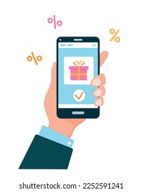 Hand holding smartphone with gift or mobile shopping app. Online shopping and sale concept flat vector illustration isolated on white background.