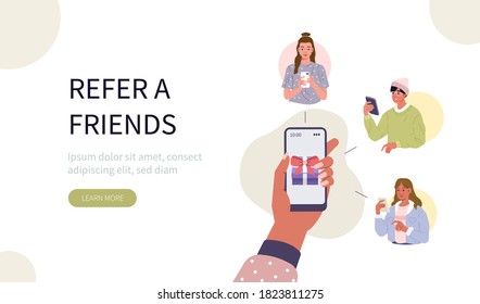 Hand Holding Smartphone with Gift sign on Screen. People Character Refer a Friends to Loyalty Marketing Program. Social Media Promotion Concept. Flat Cartoon Vector Illustration.