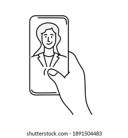 Hand holding smartphone with girl on screen. Video call concept. Hand drawn vector illustration.