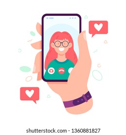 Hand holding smartphone with girlfriend on screen.Video call concept. Video call with loved one. Finger touch screen. Vector flat cartoon illustration for web sites and banners design