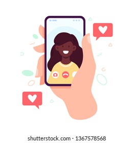 Hand holding smartphone with girlfriend on screen. Video call with loved one concept. Finger touch screen. Vector flat cartoon illustration for web sites and banners design