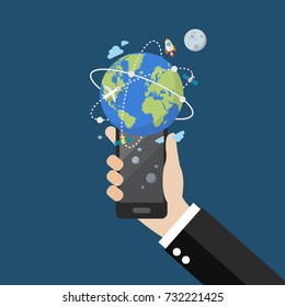 Hand holding smartphone with global network connection. Flat style vector illustration