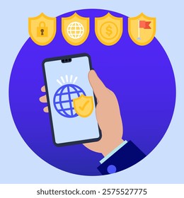 Hand holding smartphone with global security protection, checkmark shield and financial icons representing secure online transactions and data privacy