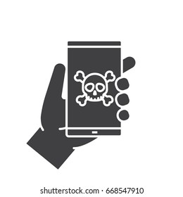 Hand holding smartphone glyph icon. Silhouette symbol. Smart phone virus. Negative space. Vector isolated illustration