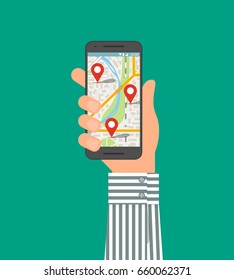 Hand holding smartphone with gps app or online city map. Flat style vector illustration.