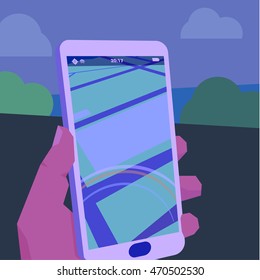 Hand holding a smartphone with GPS geolocation in the dark in the style of modern design flat graphics art