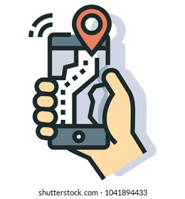 Hand holding smartphone with GPS map on the screen Line color icon