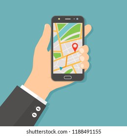 Hand holding smartphone with gps navigation map on screen. Mobile navigation concept. Flat vector illustration.