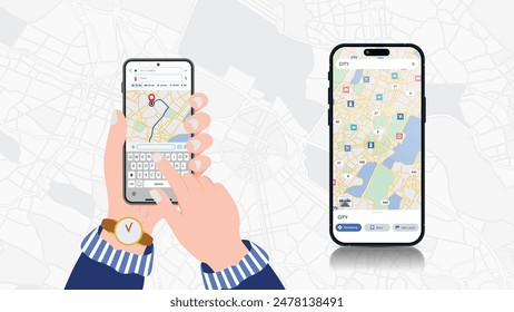 Hand Holding Smartphone GPS Navigation Map App with Red Location Marker. Map Application, City Navigation Maps, and Location Tracking. Vector Illustration.