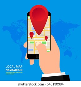 Hand holding smartphone with GPS navigation technology application, local, maps. Vector illustration. Flat design.