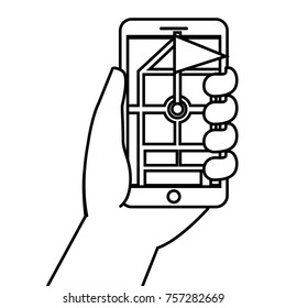 hand holding smartphone gps navigation flag pointer