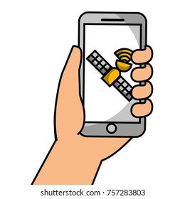 hand holding smartphone gps navigation satellite