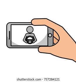 hand holding smartphone gps navigation driver with steering wheel