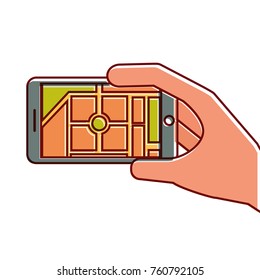 hand holding smartphone gps navigation map route street city