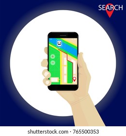 Hand holding smartphone with gps navigation map and route. Red marker.  Bus stop. Search location. Vector.
