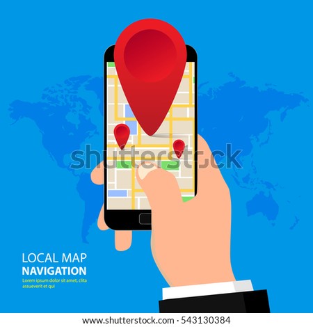 Hand holding smartphone with GPS navigation technology application, local, maps. Vector illustration. Flat design.
