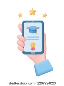 Hand holding smartphone with graduate cap on screen. Successful graduation, Online education, e-learning concept. 3d vector illustration isolated on white background.