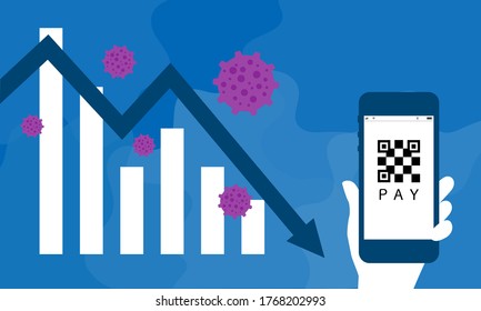 hand holding smartphone and graph with coronavirus,blue background,vector illustration