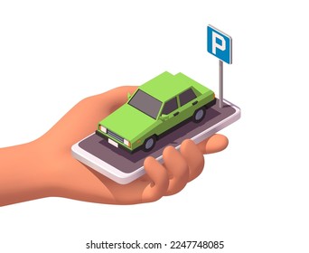 Hand Holding Smartphone With Green Car and Parking Sign. Parking App Concept. Isometric Illustration