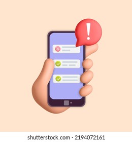 Hand holding smartphone with green and red marks checklist mobile application 3d vector design illustration. Alert, warning, attention red round sign.  To do list, done, deadline, failed concept.