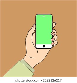 Mão segurando Smartphone com tela verde. Uma mão segurando um smartphone com uma tela verde. O telefone é um smartphone moderno com uma tampa frontal preta e uma tela branca. A mão é um desenho de desenho animado simples