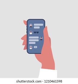 Hand holding a smartphone. Group chat conceptual illustration. Different elements of online conversation: speech bubbles, icons. Mobile messenger interface. Flat editable vector, clip art
