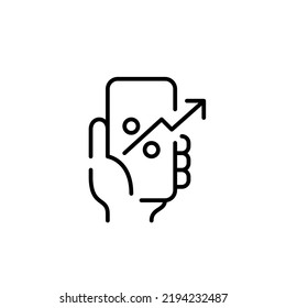 Hand holding smartphone with growing investments symbol. Pixel perfect, editable stroke line icon