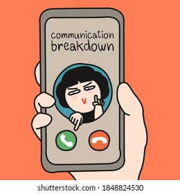 Hand Holding Smartphone With Grumpy Girl On Display. Angry Woman Pointing Finger To Her Lover To Pick Up The Phone Concept Card Character illustration