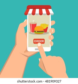 Hand holding smartphone with hamburger, french fries, cola on the screen. Order fast food concept. Flat vector illustration.
