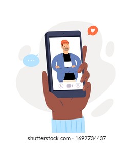 Hand holding smartphone with happy boy displaying on screen. Phone or video call conversation. Pretty male face online chat. Vector illustration concept for mobile application or web site design