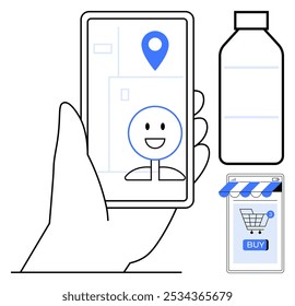 Mano sosteniendo un teléfono inteligente con una cara feliz y un pin de mapa en la pantalla, una botella y un App de comercio electrónico. Ideal para compras en línea, servicios de entrega, pagos móviles, comercio electrónico y navegación