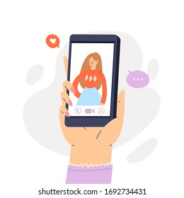 Hand holding smartphone with happy girl displaying on screen. Phone or video call conversation. Pretty female face online chat. Vector illustration concept for mobile application or web site design