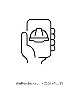 Hand holding smartphone with hard hat on it. Mobile apps development hub, testing and debugging. Pixel perfect vector icon