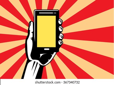 Hand holding smartphone have blank screen for text and picture in vector modern style