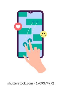 Hand holding smartphone with heart emoji message on screen, smile. Mobile device. Graphics for apps. Flat design vector illustration