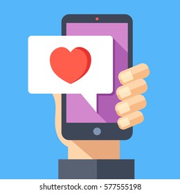 Hand holding smartphone with heart emoji message on screen, like button. Love confession, like. Social network and mobile device. Graphics for websites, web banners. Flat design vector illustration.