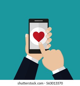 Hand holding smartphone heart on the screen. Message with heart. Flat design.