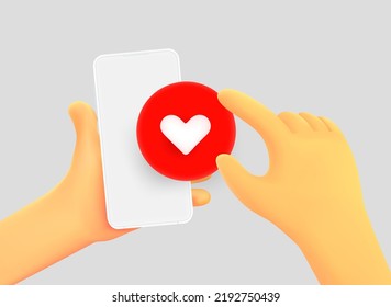 Hand holding smartphone with heart symbol. 3d vector illustration
