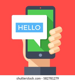 Hand holding smartphone with hello message on screen. Instant messaging, IM, SMS text messaging, online chat concept. Modern graphic elements for websites, web banners. Flat design vector illustration