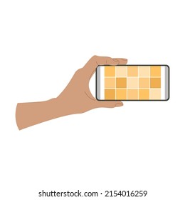 Hand holding smartphone horizontal, application icons, using mobile apps. Cartoon vector illustration of person showing actions with phone