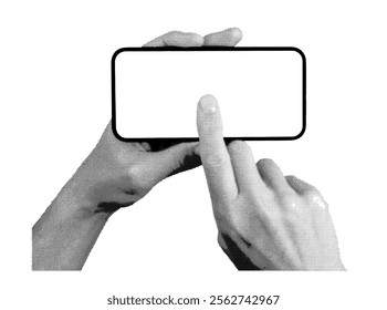 Hand holding a smartphone in a horizontal position with a blank screen. Retro, vintage grayscale design with halftone. Vector illustration isolated on white background.