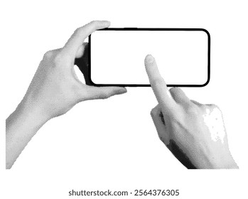 Hand holding a smartphone in a horizontal position with a blank screen. Retro, vintage grayscale design with halftone. Vector illustration isolated on white background.