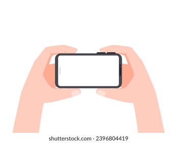 Hand holding smartphone horizontally with blank screen on isolated white background. Vector illustration mobile phone cartoon flat design.
