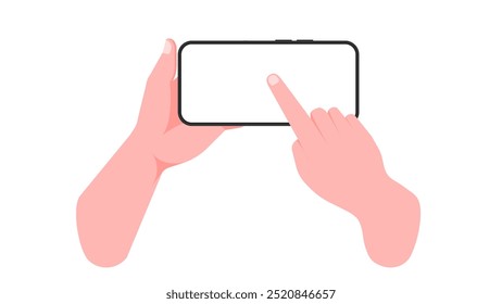 Hand Holding Smartphone Horizontally with Blank Screen, Finger Tap, and Touch - Vector Illustration